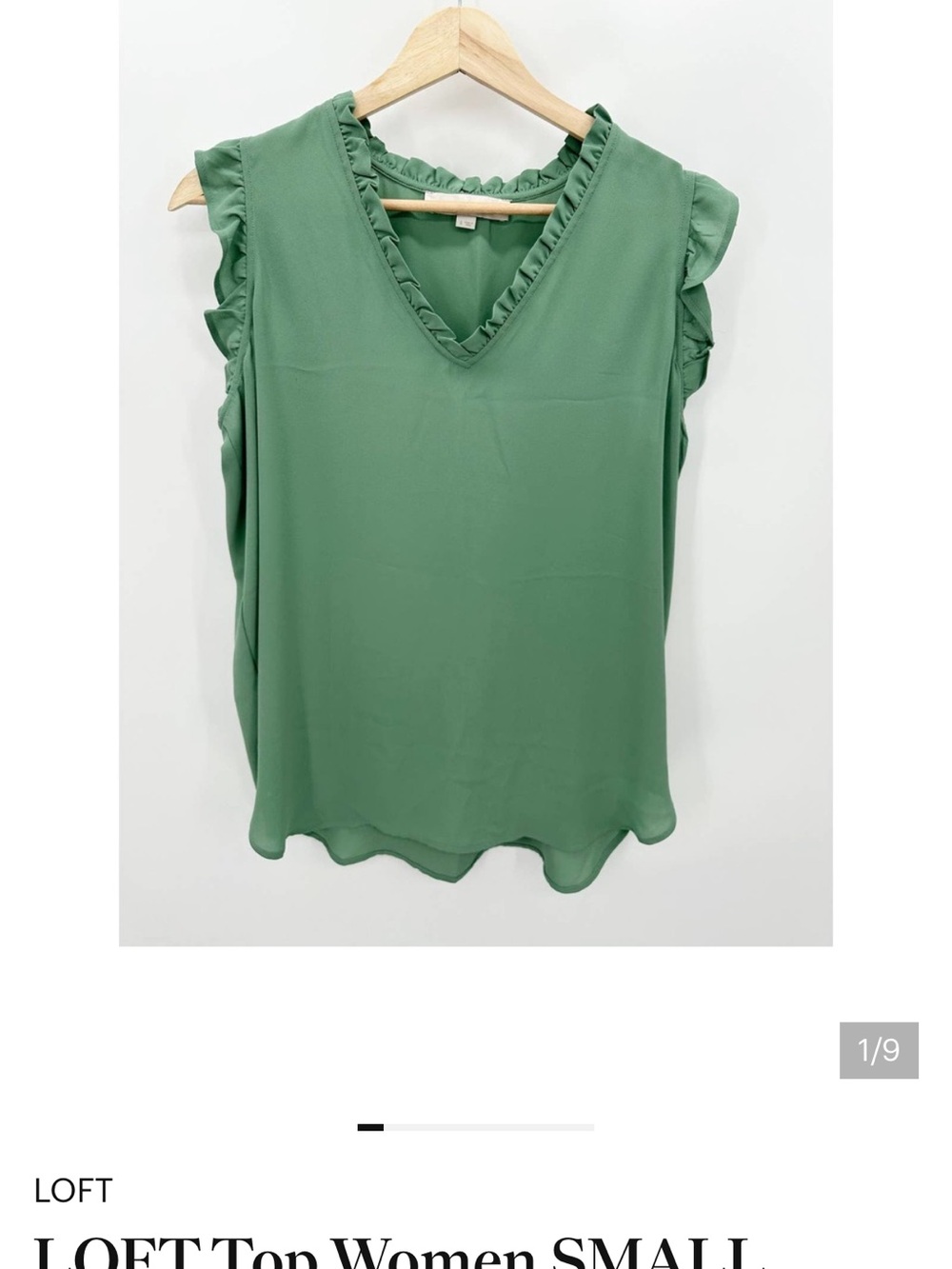 LOFT Top Women SMALL Green Ruffle Trim V-Neck Shell Sleeveless Shirttail